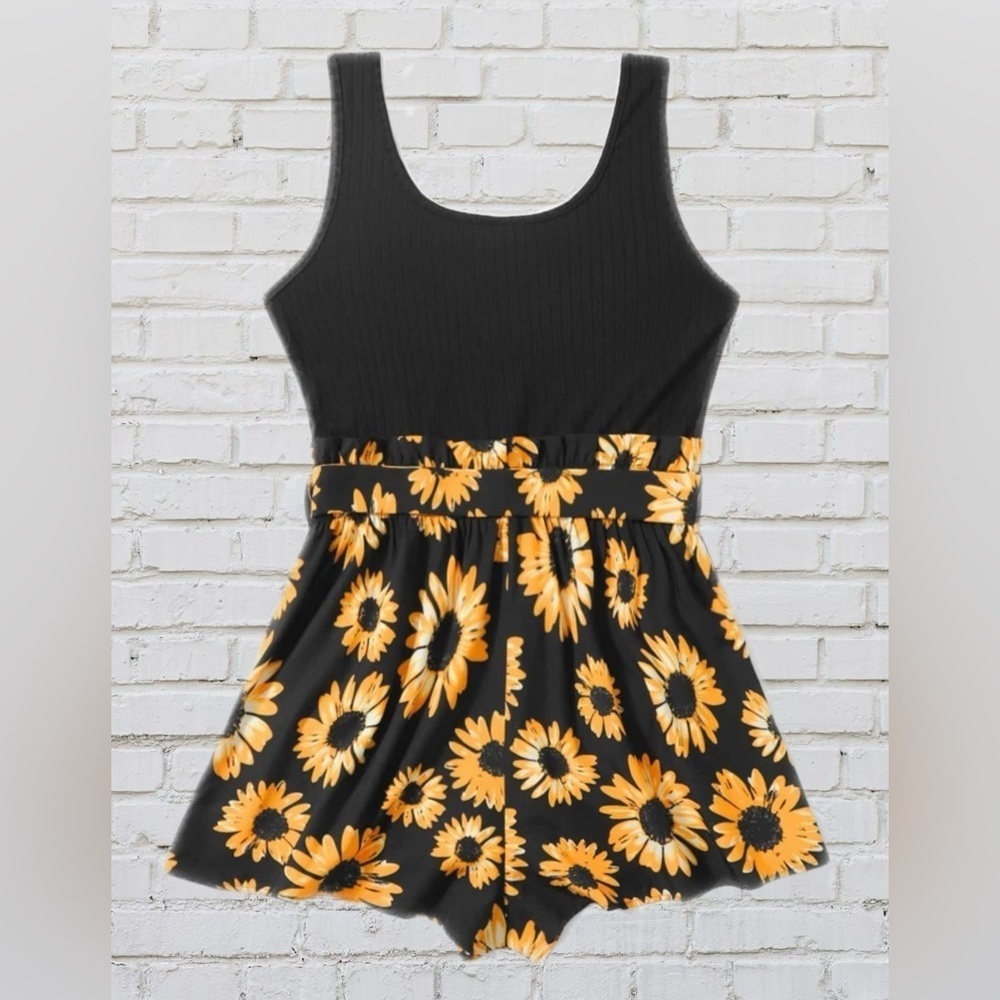 NWT SHEIN VCAY Plus Sunflower Print Belted Romper
